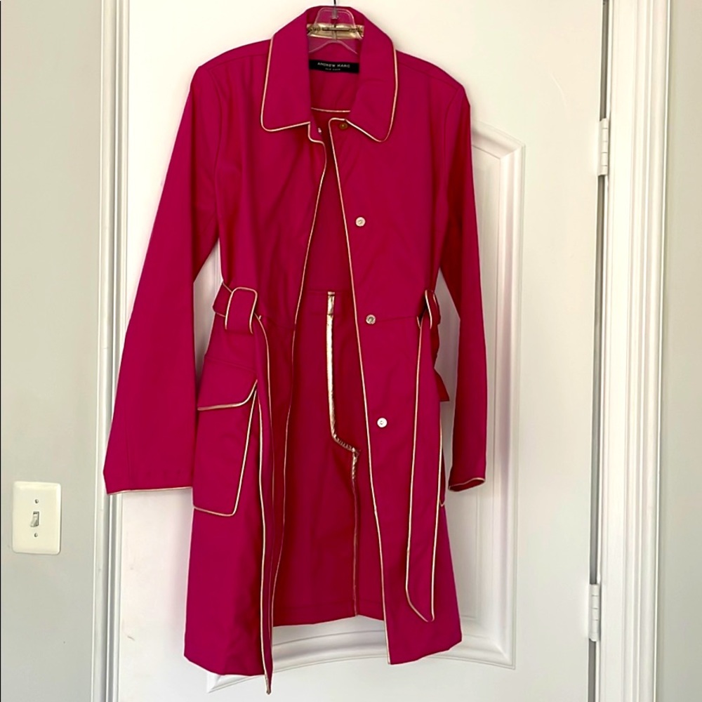 Andrew Marc Magenta Gold leather Trench Coat